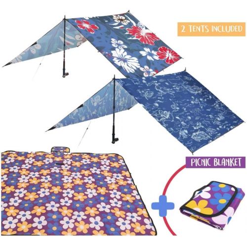  Beach Sun Shade Pack | Set of 2 Lightweight Tarp Tents and 1 Outdoor Picnic Blanket | Portable Tents for Family | Sun Canopy Tent | Summer Tent Waterproof Blanket Mat