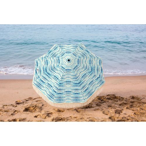  Beach Umbrella, Seaview with Fringe, Designed by Beach Brella  100% UV Sun Protection, Lightweight, Portable & easy to setup in the Sand and secure in the Wind