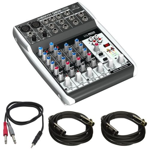  Beach Camera Behringer XENYX 8-Input 2-Bus Mixer & USBAudio Interface (Q802USB) with 18 TRS Male to Two 14 TS Male Cable 3 Feet & 2x Premier Series XLR 10 Male to XLR Female 16AWG Gold Plate