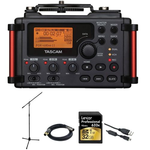  Beach Camera Tascam Portable Recorder for DSLR (DR-60DMKII) + 32GB SDHC Class 10 Memory Card + XLR 10 M-F 16AWG Gold Plated Cable + Professional Mic Stand wBoom