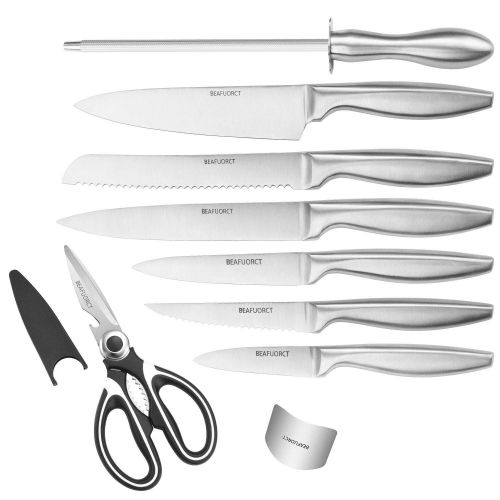  15 Pieces Knife Set-Beafuorct Chefs knife,Kitchen Knife Set with Block,6 Steak Knives,Kitchen Scissors Knife Sharpener,Finger Protection&Acrylic Stand-Best Cutlery Set Gift