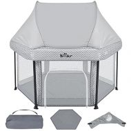 Bear Baby Playpen with Canopy, Outdoor Playard for Babies and Toddlers, Foldable Baby Beach Tent with Soft Mat, Sunshade Cover and Travel Bag, Pack and Play-Grey