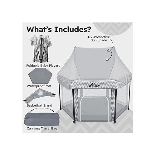  Bear Baby Playpen with Canopy, Outdoor Playard for Babies and Toddlers, Foldable Baby Beach Tent with Soft Mat, Sunshade Cover and Travel Bag, Pack and Play-Grey