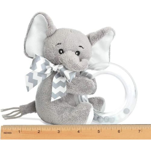  [아마존베스트]Bearington Baby Lil Spout Plush Stuffed Animal Gray Elephant Shaker Toy Ring Rattle, 5.5