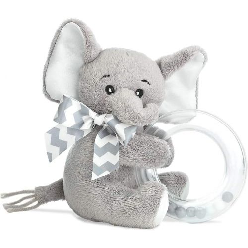  [아마존베스트]Bearington Baby Lil Spout Plush Stuffed Animal Gray Elephant Shaker Toy Ring Rattle, 5.5