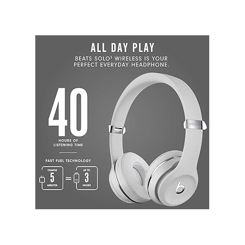 비츠 Beats Solo3 Wireless On-Ear Headphones - Apple W1 Headphone Chip, Class 1 Bluetooth, 40 Hours of Listening Time, Built-in Microphone - Satin Silver (Latest Model)