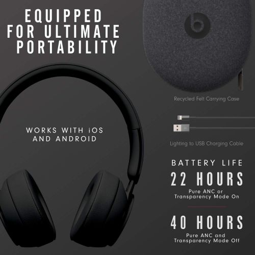 비츠 Beats Solo Pro Wireless Noise Cancelling On-Ear Headphones - Apple H1 HeadphoneChip, Class 1 Bluetooth, Active Noise Cancelling, Transparency, 22 Hours OfListening Time - Black