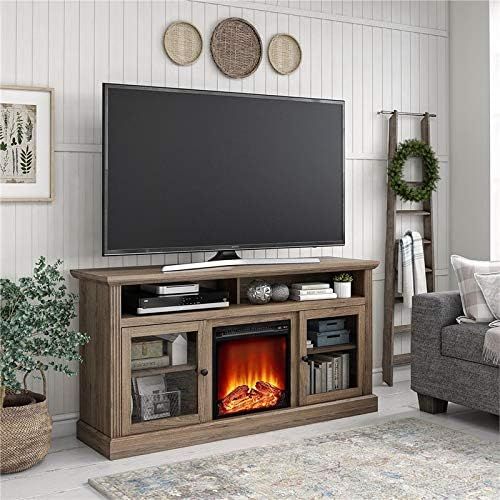  Beaumont Lane Electric Fireplace Heater TV Stand Console with Glass Door Storage, for TVs up to 65, in Rustic Oak