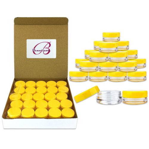  Beauticom 3 Gram / 3 ML (Quantity: 1000 Pieces) Round Acrylic Small Sample Jar Containers with Yellow Lids for Makeup Beauty Cosmetics Lotion Salves Scrubs Ointments