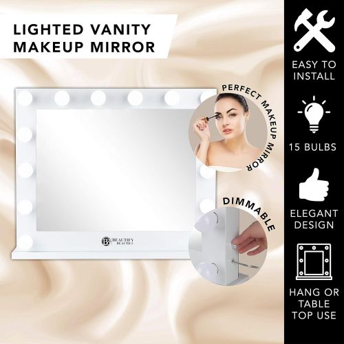  BeautifyBeauties Lighted Vanity Makeup Mirror  Hollywood Style Cosmetic Wall Mount Mirror with Lights - 14 Dimmable LED Bulbs Included (8065, White) by Beautify Beauties