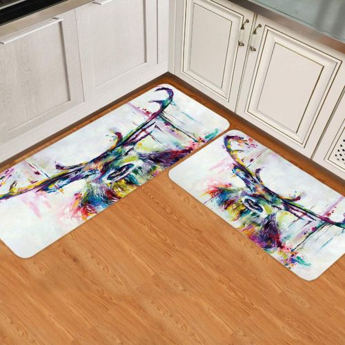  Beauty Decor 2 Piece Non-Slip Kitchen Mat Runner Rug Set Antlers Doormat Area Rugs Abstract Elk Deer Oil Painting 19.7x31.5+19.7x47.2