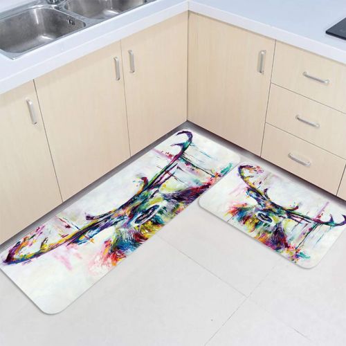  Beauty Decor 2 Piece Non-Slip Kitchen Mat Runner Rug Set Antlers Doormat Area Rugs Abstract Elk Deer Oil Painting 19.7x31.5+19.7x47.2