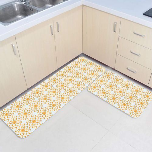  Beauty Decor 2 Piece Non-Slip Kitchen Mat Runner Rug Set Floral Doormat Area Rugs Abstract Lines Geometric Petals 19.7x31.5+19.7x47.2