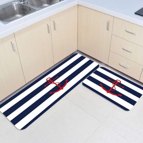  Beauty Decor 2 Piece Non-Slip Kitchen Mat Runner Rug Set Striped Doormat Area Rugs Nautical Marine Ship Coastal Decor 23.6x35.4+23.6x70.9