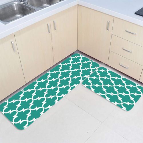  Beauty Decor Geometric 2 Piece Non-Slip Kitchen Mat Runner Rug Set Doormat Area Rugs Moroccan Tile Teal Modern Minimalist 15.7x23.6inch+15.7x47.2inch