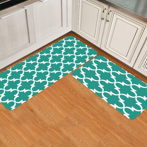  Beauty Decor Geometric 2 Piece Non-Slip Kitchen Mat Runner Rug Set Doormat Area Rugs Moroccan Tile Teal Modern Minimalist 15.7x23.6inch+15.7x47.2inch