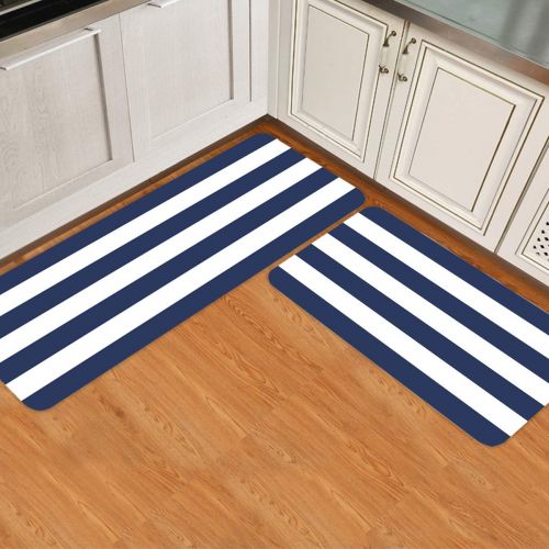  Beauty Decor Simple Decor 2 Piece Non-Slip Kitchen Mat Runner Rug Set Doormat Area Rugs Modern Stripes Navy Blue White 19.7x31.5inch+19.7x63inch