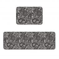 Beauty Decor Abstract 2 Piece Non-Slip Kitchen Mat Runner Rug Set Doormat Area Rugs Floral Paisley Pattern Ethnic Design Black White 23.6x35.4inch+23.6x70.9inch