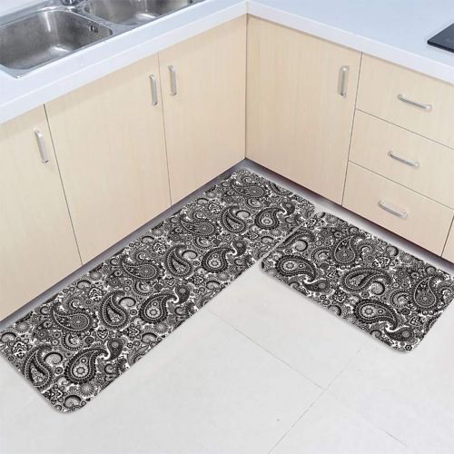  Beauty Decor Abstract 2 Piece Non-Slip Kitchen Mat Runner Rug Set Doormat Area Rugs Floral Paisley Pattern Ethnic Design Black White 23.6x35.4inch+23.6x70.9inch