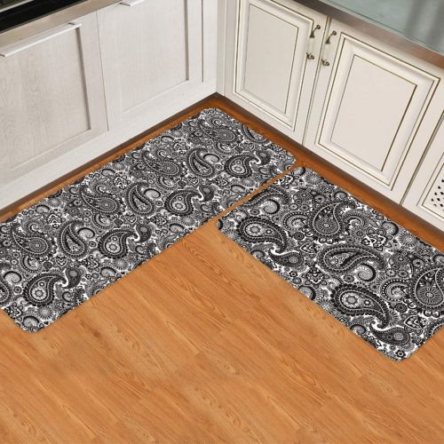  Beauty Decor Abstract 2 Piece Non-Slip Kitchen Mat Runner Rug Set Doormat Area Rugs Floral Paisley Pattern Ethnic Design Black White 23.6x35.4inch+23.6x70.9inch