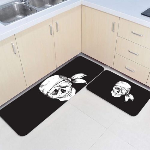  Beauty Decor Nautical Decor 2 Piece Non-Slip Kitchen Mat Runner Rug Set Doormat Area Rugs Pirate Skull with Hat 19.7x31.5inch+19.7x47.2inch