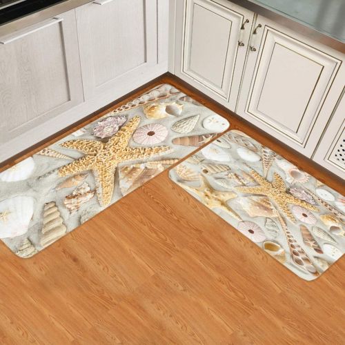  Beauty Decor 2 Piece Non-Slip Kitchen Mat Runner Rug Set Beach Doormat Area Rugs Seashells and Starfish with Sand Ocean Marine Life Theme 19.7x31.5+19.7x47.2