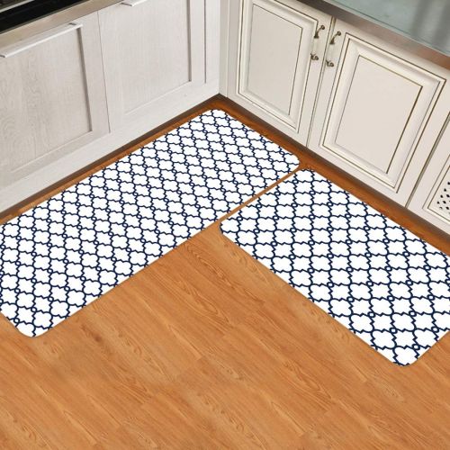  Beauty Decor 2 Piece Non-Slip Kitchen Mat Runner Rug Set Morocco Doormat Area Rugs Traditional Quatrefoil Lattice Pattern Black White 19.7x31.5+19.7x47.2