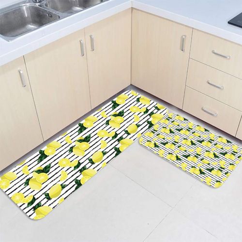  Beauty Decor Fruit 2 Piece Non-Slip Kitchen Mat Runner Rug Set Doormat Area Rugs Lemon Pattern on Black White Striped Background 15.7x23.6inch+15.7x47.2inch