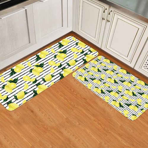  Beauty Decor Fruit 2 Piece Non-Slip Kitchen Mat Runner Rug Set Doormat Area Rugs Lemon Pattern on Black White Striped Background 15.7x23.6inch+15.7x47.2inch