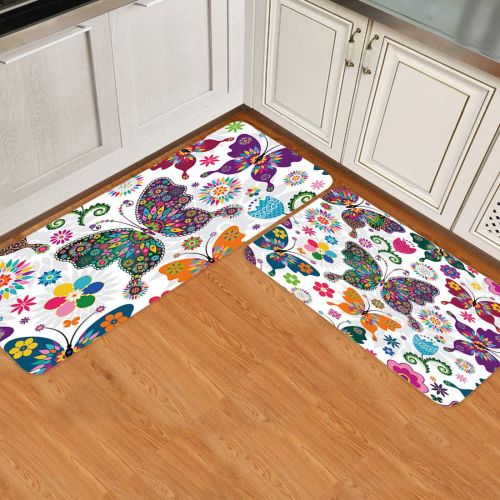  Beauty Decor 2 Piece Non-Slip Kitchen Mat Runner Rug Set Butterfly Doormat Area Rugs Colorful Butterflies and Flowers 15.7x23.6+15.7x47.2