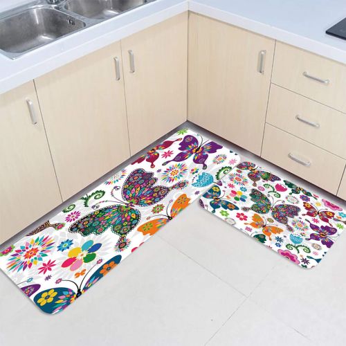  Beauty Decor 2 Piece Non-Slip Kitchen Mat Runner Rug Set Butterfly Doormat Area Rugs Colorful Butterflies and Flowers 15.7x23.6+15.7x47.2