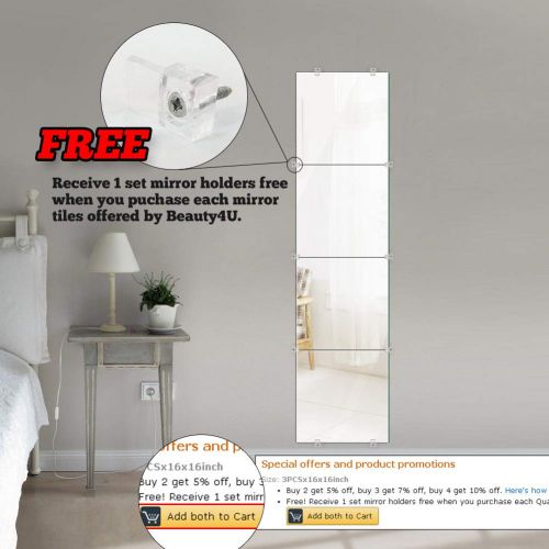  Beauty4U Full Length Tall Mirror Tiles - 12 Inch x 4Pcs Frameless Wall Mirror Set HD Vanity Make Up Mirror for Wall Decor