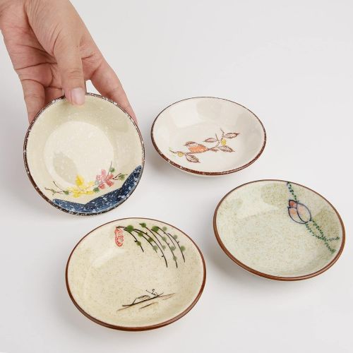  [아마존베스트]Beautyflier Set of 4 Ceramic Sauce Dish Soy Sauce Dipping Bowls Appetizer Plates Side Dishes Serving Dish Japanese Style Dinnerware Set (Fish Pattern(3.75inch))