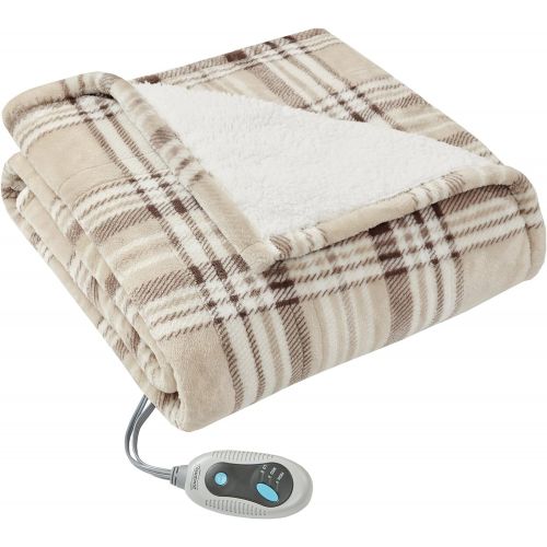 뷰티레스트 [아마존 핫딜] [아마존핫딜]Beautyrest Ultra Soft Sherpa Berber Fleece Electric Poncho Wrap Blanket Heated Throw with Auto Shutoff, 50 W x 64 L, Tan Plaid
