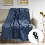 [아마존핫딜][아마존 핫딜] Beautyrest Brushed Long Fur Electric Throw Blanket Ogee Pattern Warm and Soft Heated Wrap with Auto Shutoff, 50 W x 60 L, Sapphire Blue