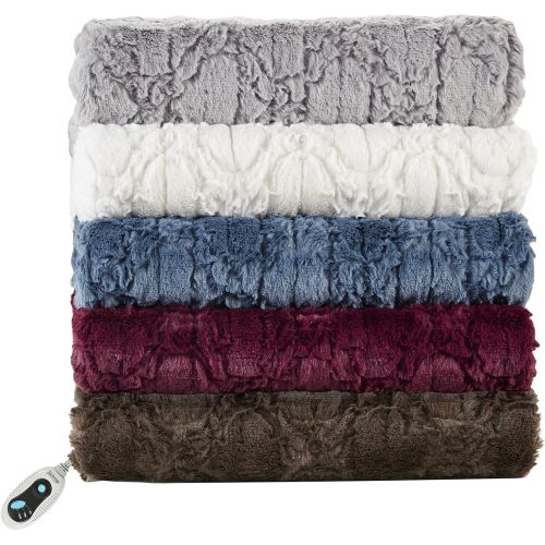 뷰티레스트 [아마존핫딜][아마존 핫딜] Beautyrest Brushed Long Fur Electric Throw Blanket Ogee Pattern Warm and Soft Heated Wrap with Auto Shutoff, 50 W x 60 L, Sapphire Blue