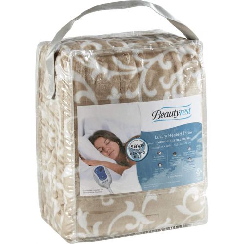 뷰티레스트 Beautyrest - Plush Heated Throw Blanket -Secure Comfort Technology-Oversized 60 x 70- Tan - Scroll Printed Pattern - Cozy Soft Microlight Heated Electric Blanket Throw - 3-Setting