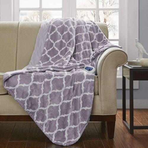 뷰티레스트 Beautyrest Plush Heated Throw Blanket  Secure Comfort Technology  Oversized 60x70Purple-Ogee Pattern in White - Cozy Soft Microlight Heated Electric Blanket Throw - 3-Setting He