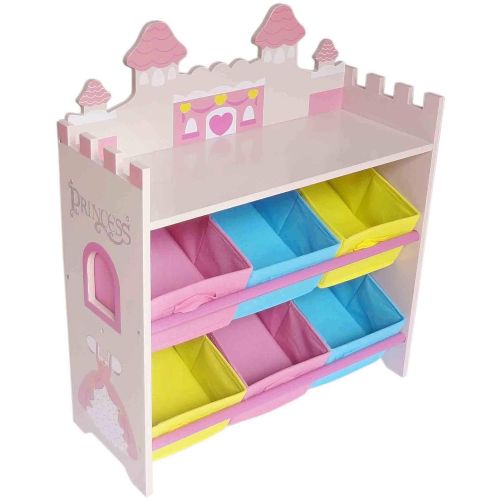  Bebe Style Toddler Size Premium Wooden Castle Toy Storage Shelf with 6 Bins Easy Assembly Pink