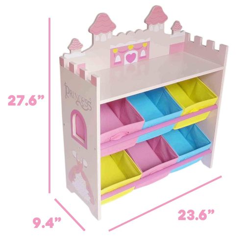  Bebe Style Toddler Size Premium Wooden Castle Toy Storage Shelf with 6 Bins Easy Assembly Pink