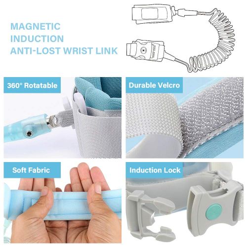  [아마존베스트]Bebenido Anti-Lost Wrist Link with Induction Lock, Auto Lock and Inductive Unlock Baby Safety Harness, Cut-Resistant Kids Leash Harness (Blue)