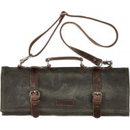 Becken Leather Co. Chef Knife Roll Bag - Handmade Waxed Canvas and Leather Knife Bag Stores 10 Knives + Zipper Pocket and Shoulder Strap (Army Green)