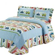 RuiHome 3 Pieces Car Print Cotton Quilt Set with Shams Teen Kids Boys Girls Comfortable Warm Bedding, Queen Size
