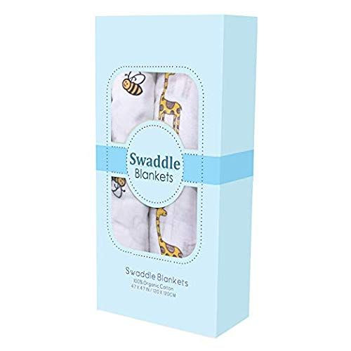  Bedding Overseas Baby Swaddle Blankets - Extra-Large Size 120cm x 120cm, Organic Muslin Cotton, Pack of 2 - Bee and Giraffe Designs (Unique)