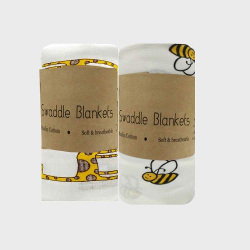  Bedding Overseas Baby Swaddle Blankets - Extra-Large Size 120cm x 120cm, Organic Muslin Cotton, Pack of 2 - Bee and Giraffe Designs (Unique)