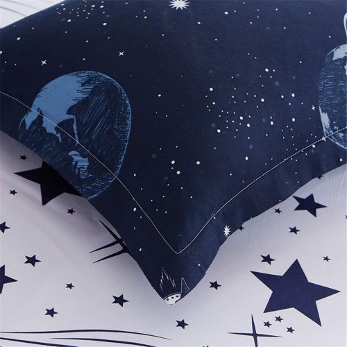  BeddingWish 3Pcs Blue Cartoon Star Universe Planets Beddding Set(No Comforter and Sheet) for Kids Teen Boys and Girls,Duvet Cover Set with 2 Pillow Shams -Full/Queen