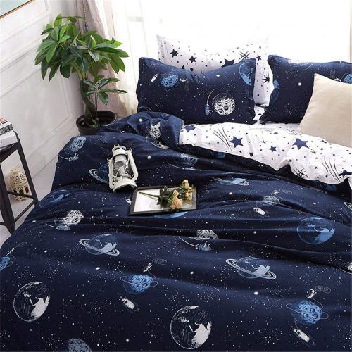  BeddingWish 3Pcs Blue Cartoon Star Universe Planets Beddding Set(No Comforter and Sheet) for Kids Teen Boys and Girls,Duvet Cover Set with 2 Pillow Shams -Full/Queen