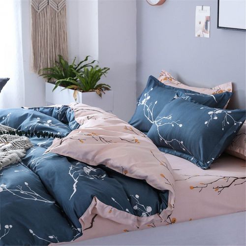  BeddingWish Polyester Floral Duvet Cover Sets for Women Girls White Orange Flowers String Printed 1 Comforter Cover with Ziper + 2 Pillowcases, Navy Blue Beige Queen Size