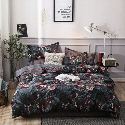  BeddingWish Polyester Floral Duvet Cover Sets for Women Girls White Orange Flowers String Printed 1 Comforter Cover with Ziper + 2 Pillowcases, Navy Blue Beige Queen Size