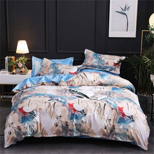  BeddingWish Polyester Floral Duvet Cover Sets for Women Girls White Orange Flowers String Printed 1 Comforter Cover with Ziper + 2 Pillowcases, Navy Blue Beige Queen Size